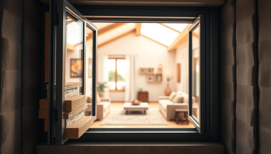 A cozy interior scene showcasing thermal insulation solutions for windows and walls. The foreground features a close-up of a well-insulated window frame, with visible layers of high-performance glazing and insulation materials. The middle ground depicts a bright, inviting living space, where the warm glow of natural light filters through the insulated windows. In the background, textured wall panels, likely made of eco-friendly insulation materials, create a visually pleasing and thermally efficient backdrop. The overall atmosphere conveys a sense of comfort, energy efficiency, and environmental consciousness, perfectly suited to illustrate the "Soluzioni per Ridurre la Dispersione del Calore" section of the article. A cozy interior scene showcasing thermal insulation solutions for windows and walls. The foreground features a close-up of a well-insulated window frame, with visible layers of high-performance glazing and insulation materials. The middle ground depicts a bright, inviting living space, where the warm glow of natural light filters through the insulated windows. In the background, textured wall panels, likely made of eco-friendly insulation materials, create a visually pleasing and thermally efficient backdrop. The overall atmosphere conveys a sense of comfort, energy efficiency, and environmental consciousness, perfectly suited to illustrate the "Soluzioni per Ridurre la Dispersione del Calore" section of the article.