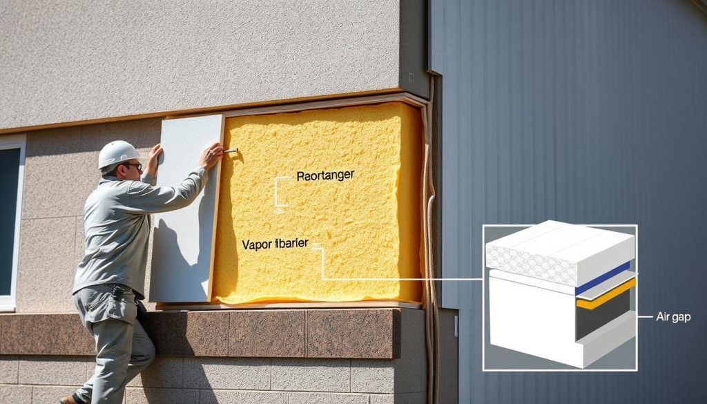 A cross-section view of a building's exterior wall, showcasing the application of thermal insulation. The foreground depicts a worker carefully installing rigid foam panels, utilizing specialized tools and techniques to ensure proper placement and sealing. The middle ground highlights the layered construction, with the insulation seamlessly integrated between the exterior cladding and the inner wall structure. In the background, a detailed rendering of the different material components, including the vapor barrier, air gap, and structural supports, provides technical context. The scene is illuminated by natural sunlight, casting soft shadows and highlighting the textural details of the materials. The overall mood conveys a sense of precision, professionalism, and the importance of proper installation for effective thermal insulation.