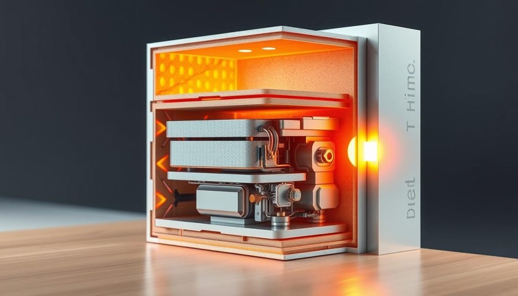A high-quality photograph of an advanced thermal painting mechanism, showcasing its intricate inner workings and illustrating how it functions to provide energy-efficient insulation. The composition should feature a cutaway view, revealing the complex system of reflective layers, insulating materials, and temperature-responsive components that work together to regulate heat transfer. The lighting should be crisp and technical, emphasizing the precision engineering and innovative design of this cutting-edge energy-saving technology. The overall mood should convey a sense of scientific elegance and practical efficiency, highlighting the potential for thermal paints to revolutionize home insulation and energy conservation. A high-quality photograph of an advanced thermal painting mechanism, showcasing its intricate inner workings and illustrating how it functions to provide energy-efficient insulation. The composition should feature a cutaway view, revealing the complex system of reflective layers, insulating materials, and temperature-responsive components that work together to regulate heat transfer. The lighting should be crisp and technical, emphasizing the precision engineering and innovative design of this cutting-edge energy-saving technology. The overall mood should convey a sense of scientific elegance and practical efficiency, highlighting the potential for thermal paints to revolutionize home insulation and energy conservation.