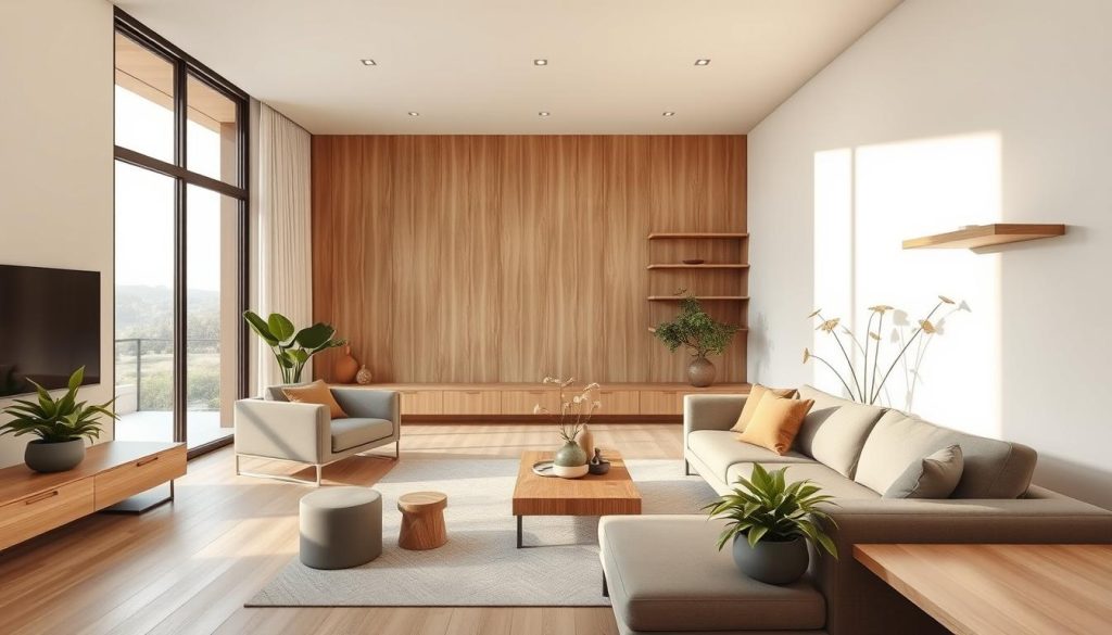 A modern, minimalist living space showcasing natural materials. A large picture window frames a scenic outdoor view, casting warm, diffused light throughout the airy, open-concept interior. Smooth, tactile wood surfaces, such as a low-profile coffee table and floating shelves, create a calming, organic ambiance. Sleek, angular furniture pieces in muted tones of gray and beige complement the natural palette. Lush, potted plants add pops of verdant greenery, while a simple, geometric area rug grounds the space. The overall aesthetic blends contemporary design with a soothing, nature-inspired atmosphere. A modern, minimalist living space showcasing natural materials. A large picture window frames a scenic outdoor view, casting warm, diffused light throughout the airy, open-concept interior. Smooth, tactile wood surfaces, such as a low-profile coffee table and floating shelves, create a calming, organic ambiance. Sleek, angular furniture pieces in muted tones of gray and beige complement the natural palette. Lush, potted plants add pops of verdant greenery, while a simple, geometric area rug grounds the space. The overall aesthetic blends contemporary design with a soothing, nature-inspired atmosphere.
