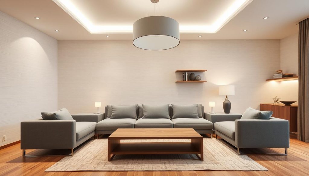 A modern, practical living room with clean lines and minimalist design. A large, plush gray sofa dominates the foreground, flanked by sleek end tables with sculptural lamps. In the middle ground, a low, rectangular wooden coffee table sits atop a soft, neutral-toned area rug. The walls feature a subtle textured wallpaper in a warm off-white shade, complemented by floating shelves displaying a few carefully curated decorative elements. The lighting is a mix of recessed ceiling fixtures and a large, contemporary pendant lamp overhead, casting a warm, inviting glow throughout the space. The overall atmosphere is one of comfortable sophistication, perfect for transforming a modern living space. A modern, practical living room with clean lines and minimalist design. A large, plush gray sofa dominates the foreground, flanked by sleek end tables with sculptural lamps. In the middle ground, a low, rectangular wooden coffee table sits atop a soft, neutral-toned area rug. The walls feature a subtle textured wallpaper in a warm off-white shade, complemented by floating shelves displaying a few carefully curated decorative elements. The lighting is a mix of recessed ceiling fixtures and a large, contemporary pendant lamp overhead, casting a warm, inviting glow throughout the space. The overall atmosphere is one of comfortable sophistication, perfect for transforming a modern living space.