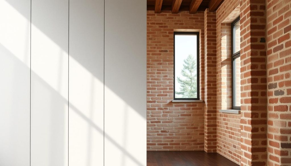 A well-lit, detailed interior scene showcasing the contrasting characteristics of partition walls in the Veneto region. The foreground features sleek, modern drywall panels in muted tones, seamlessly integrated into the architectural design. The middle ground highlights the textural qualities of traditional masonry walls, with their uneven surfaces and warm terracotta hues. In the background, large windows allow natural light to flood the space, creating a bright, airy ambiance that accentuates the differences between the two construction methods. The overall composition conveys a sense of balance and harmonious coexistence between the old and the new, reflecting the nuances of choosing between drywall and masonry for home renovations in the Veneto region.