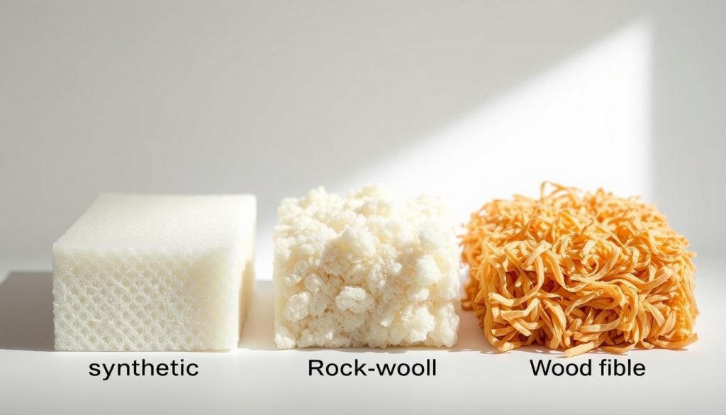 A well-lit, side-by-side comparison of three common thermal insulation materials used in external wall insulation (ETICS) systems: synthetic (e.g., polystyrene), mineral (e.g., rock wool), and natural (e.g., wood fiber). The materials are neatly arranged on a clean, neutral background, allowing their unique textures, densities, and visual properties to be clearly distinguished. The lighting is soft and diffused, casting gentle shadows that accentuate the dimensional qualities of each sample. The camera angle is straight-on, providing a clear, detailed view of the materials. The overall tone is informative and technical, supporting the educational intent of the image within the article on thermal insulation performance.