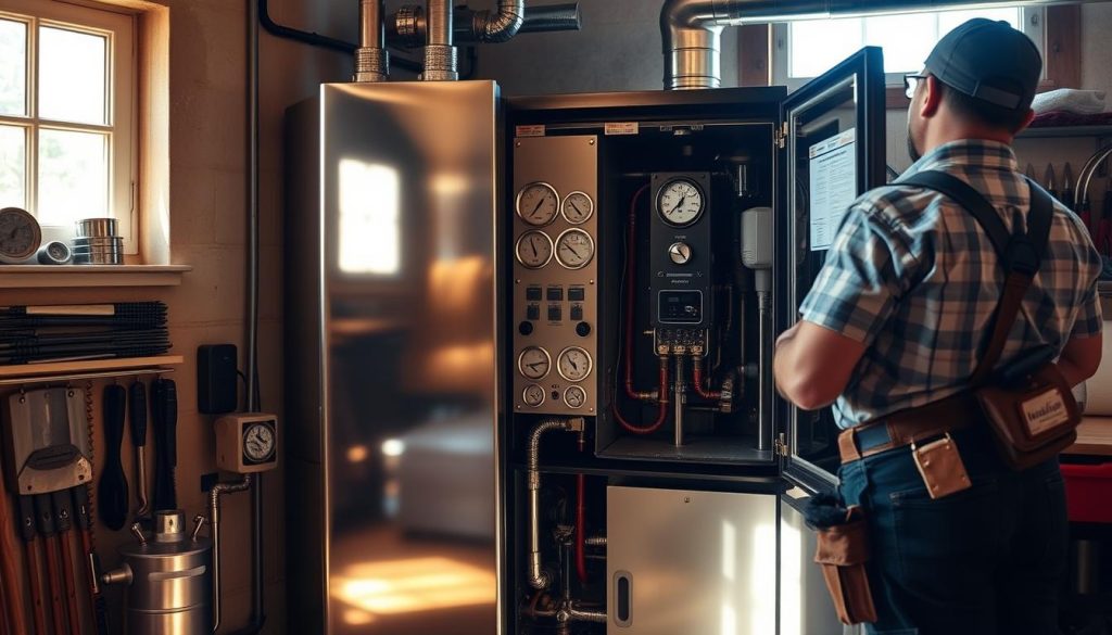 A well-maintained boiler system in a cozy, sunlit room. The technician, wearing a tool belt, carefully inspects the inner workings, gauges, and controls, ensuring optimal efficiency and safety. Warm natural light filters through the windows, casting a soft glow on the polished metal surfaces. In the background, neatly organized tools and spare parts suggest a professional, diligent approach to maintaining the heating system. The overall atmosphere conveys a sense of reliability, attention to detail, and a commitment to providing a comfortable, energy-efficient living environment. A well-maintained boiler system in a cozy, sunlit room. The technician, wearing a tool belt, carefully inspects the inner workings, gauges, and controls, ensuring optimal efficiency and safety. Warm natural light filters through the windows, casting a soft glow on the polished metal surfaces. In the background, neatly organized tools and spare parts suggest a professional, diligent approach to maintaining the heating system. The overall atmosphere conveys a sense of reliability, attention to detail, and a commitment to providing a comfortable, energy-efficient living environment.