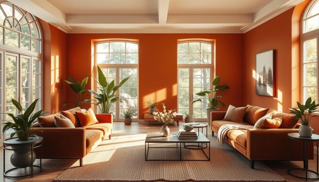 An elegantly curated interior space showcasing the latest color trends for 2025. A spacious living room with warm, earthy tones of terracotta, amber, and ochre adorning the walls. Sunlight streams through large windows, casting a soft, golden glow and creating a cozy, inviting atmosphere. Plush textiles in coordinating hues, such as velvet sofas and woven rugs, anchor the scene. Minimalist, modern furniture in natural wood and muted metal tones complement the rich color palette. Lush potted plants and organic accents add pops of verdant green, balancing the warm tones. The overall impression is one of refined sophistication and tranquil, harmonious living.