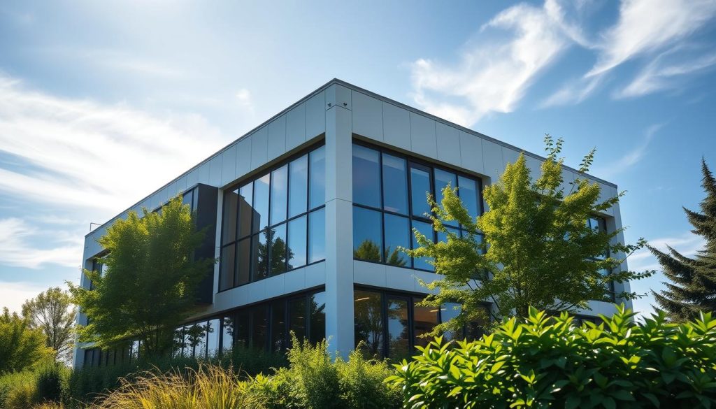 Architectural exterior of a modern, energy-efficient building with clean lines, large windows, and a sleek, minimalist design. The building is surrounded by lush greenery and set against a backdrop of a clear blue sky with wispy clouds. Sunlight streams through the windows, casting warm, soft lighting throughout the scene. The building's facade features prominently, showcasing its sustainable design elements such as solar panels, energy-efficient insulation, and smart climate control systems. The overall composition conveys a sense of environmental harmony and the building's role in reducing energy consumption and environmental impact.