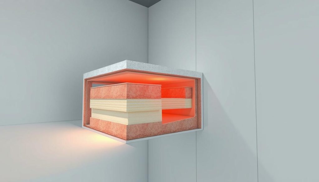 Detailed technical illustration showcasing the thermal and acoustic insulation properties of drywall construction. A cutaway view reveals the layered structure, highlighting insulation materials and air pockets that contribute to superior thermal and sound isolation. The scene is rendered with a clean, technical aesthetic, using muted colors and precise, engineering-inspired linework. Optimal camera angle provides clear visibility of the key insulation components. Subtle ambient lighting creates depth and emphasizes the precision of the illustration. The overall composition conveys the technical advantages of drywall over traditional masonry construction.