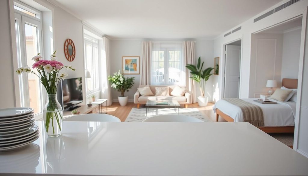 A bright and airy interior of a clean, well-organized apartment. In the foreground, a spotless kitchen with gleaming countertops, neatly stacked dishes, and a vase of fresh flowers. Indirect natural lighting streams in through large windows, casting a warm glow. The mid-ground features a living room with plush furniture, a potted plant, and tasteful decor. The background showcases a tidy bedroom with a made bed, minimal clutter, and a serene atmosphere. The overall scene conveys a sense of tranquility, cleanliness, and attention to detail, reflecting the essence of a well-maintained home. A bright and airy interior of a clean, well-organized apartment. In the foreground, a spotless kitchen with gleaming countertops, neatly stacked dishes, and a vase of fresh flowers. Indirect natural lighting streams in through large windows, casting a warm glow. The mid-ground features a living room with plush furniture, a potted plant, and tasteful decor. The background showcases a tidy bedroom with a made bed, minimal clutter, and a serene atmosphere. The overall scene conveys a sense of tranquility, cleanliness, and attention to detail, reflecting the essence of a well-maintained home.
