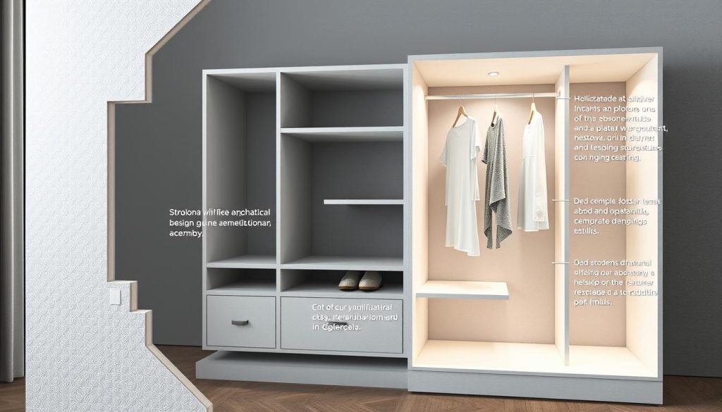 A detailed, technical cross-section illustration of the key construction features and characteristics of a drywall/plasterboard (cartongesso) wardrobe cabinet. Showcasing the internal structure, materials, and assembly process in a clean, architectural style. Subtle lighting illuminates the layered composition, with a focus on the versatile and customizable nature of this design solution. The image should convey the practical advantages and high-quality finish of a bespoke drywall wardrobe cabinet, complementing the informative "Introduzione alla Cabina Armadio in Cartongesso" section. A detailed, technical cross-section illustration of the key construction features and characteristics of a drywall/plasterboard (cartongesso) wardrobe cabinet. Showcasing the internal structure, materials, and assembly process in a clean, architectural style. Subtle lighting illuminates the layered composition, with a focus on the versatile and customizable nature of this design solution. The image should convey the practical advantages and high-quality finish of a bespoke drywall wardrobe cabinet, complementing the informative "Introduzione alla Cabina Armadio in Cartongesso" section.