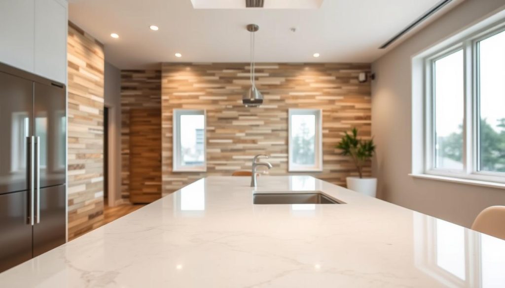 A modern, well-lit interior space showcasing a range of innovative materials for home renovation. In the foreground, sleek and durable engineered quartz countertops reflect the soft overhead lighting. In the middle ground, textured natural stone tiles in a warm earthy palette line the walls, creating a tactile and visually striking feature. The background features large windows providing ample natural illumination, complemented by streamlined, energy-efficient fixtures. The overall atmosphere exudes a sense of sophistication, practicality, and a keen eye for design - embodying the essence of a high-quality, personalized home renovation. A modern, well-lit interior space showcasing a range of innovative materials for home renovation. In the foreground, sleek and durable engineered quartz countertops reflect the soft overhead lighting. In the middle ground, textured natural stone tiles in a warm earthy palette line the walls, creating a tactile and visually striking feature. The background features large windows providing ample natural illumination, complemented by streamlined, energy-efficient fixtures. The overall atmosphere exudes a sense of sophistication, practicality, and a keen eye for design - embodying the essence of a high-quality, personalized home renovation.