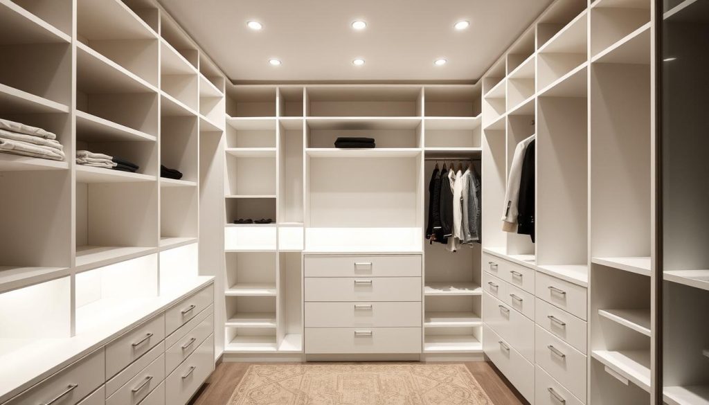 A spacious, custom-built walk-in closet with a sleek, modern design. The closet features minimalist white shelving and drawers made of high-quality particleboard, seamlessly integrated into the surrounding drywall. Soft, diffused lighting from recessed LED fixtures illuminates the space, creating a warm and inviting atmosphere. The closet's layout is optimized for efficient organization, with ample storage space for clothing, accessories, and personal items. The overall aesthetic is clean, elegant, and tailored to the user's specific needs and preferences, reflecting the attention to detail and personalized approach in the step-by-step realization of this bespoke wardrobe solution. A spacious, custom-built walk-in closet with a sleek, modern design. The closet features minimalist white shelving and drawers made of high-quality particleboard, seamlessly integrated into the surrounding drywall. Soft, diffused lighting from recessed LED fixtures illuminates the space, creating a warm and inviting atmosphere. The closet's layout is optimized for efficient organization, with ample storage space for clothing, accessories, and personal items. The overall aesthetic is clean, elegant, and tailored to the user's specific needs and preferences, reflecting the attention to detail and personalized approach in the step-by-step realization of this bespoke wardrobe solution.