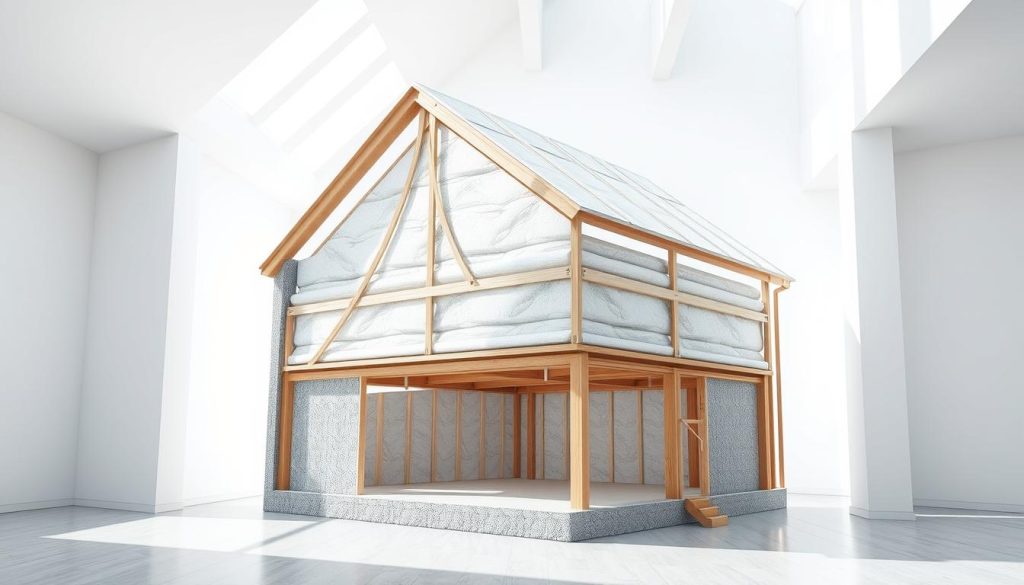 a highly detailed, photorealistic 3D architectural diagram of a "sistema cappotto termico struttura", or thermal insulation system structure, in a bright, well-lit interior setting. The diagram should clearly show the various layers and components of the thermal insulation system, including the exterior cladding, the insulation material, the structural framing, and any additional supporting elements. The perspective should be from a slightly elevated angle, providing a clear view of the system's construction. The lighting should be natural and evenly distributed, highlighting the textures and materials used. The overall mood should convey a sense of technical precision and functional clarity, suitable for an informative article on the differences between internal and external thermal insulation.